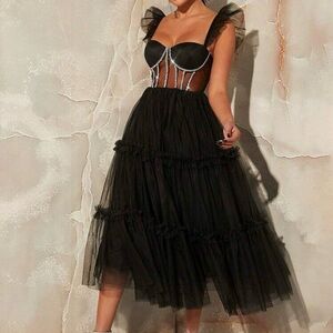 SHEIN Black Midi Dress with Sheer Details